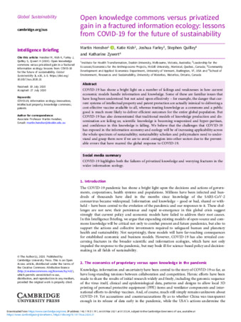 Open knowledge commons versus privatized gain in a fractured information ecology: lessons from COVID-19 for the future of sustainability thumbnail