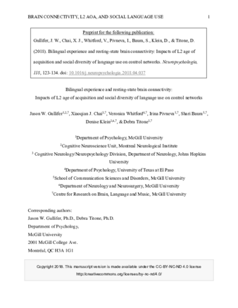 Bilingual experience and resting-state brain connectivity: Impacts of L2 age of acquisition and social diversity of language use on control networks thumbnail