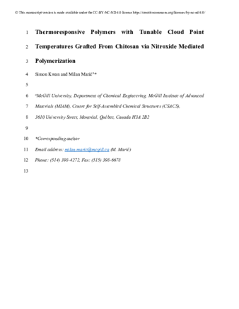 Thermoresponsive polymers with tunable cloud point temperatures grafted from chitosan via nitroxide mediated polymerization thumbnail