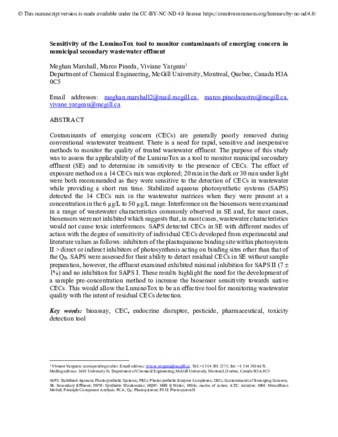 Sensitivity of the LuminoTox tool to monitor contaminants of emerging concern in municipal secondary wastewater effluent thumbnail