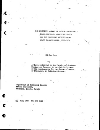 The political economy of authoritarianism : state-propelled industrialization and the persistent authoritarian state in South Korea, 1961-1979 thumbnail