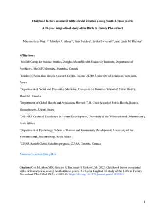 Childhood factors associated with suicidal ideation among South African youth: A 28-year longitudinal study of the Birth to Twenty Plus cohort thumbnail