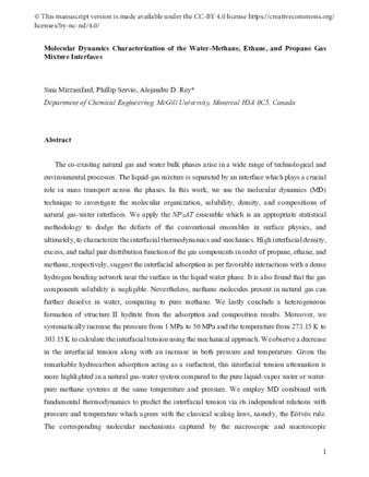 Molecular dynamics characterization of the water-methane, ethane, and propane gas mixture interfaces thumbnail