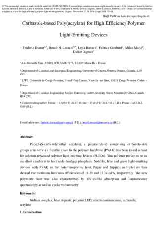 Poly(2-(N-carbazolyl)ethyl acrylate) as a host for high efficiency polymer light-emitting devices thumbnail
