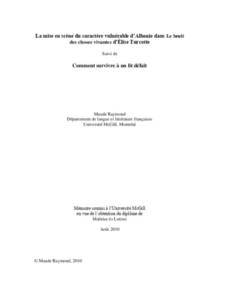 La mise en scène du caractère vulnérable d'Albanie dans «le bruit des choses vivantes» d'Élise Turcotte thumbnail