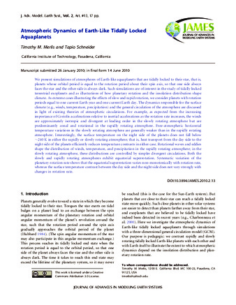 Atmospheric dynamics of Earth-like tidally locked aquaplanets thumbnail