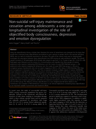 Non-suicidal self-injury maintenance and cessation among adolescents: a one-year longitudinal investigation of the role of objectified body consciousness, depression and emotion dysregulation. thumbnail