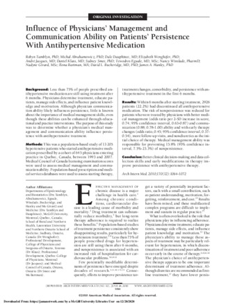 Influence of Physicians' Management and Communication Ability on Patients' Persistence With Antihypertensive Medication thumbnail