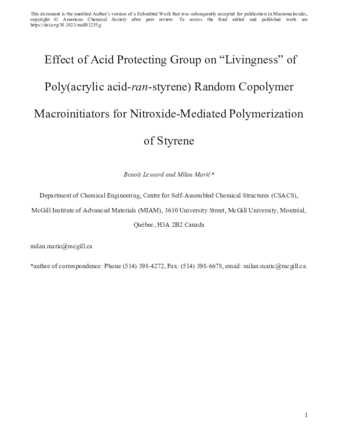 Effect of an Acid Protecting Group on the “Livingness” of Poly(acrylic acid-ran-styrene) Random Copolymer Macroinitiators for Nitroxide-Mediated Polymerization of Styrene thumbnail