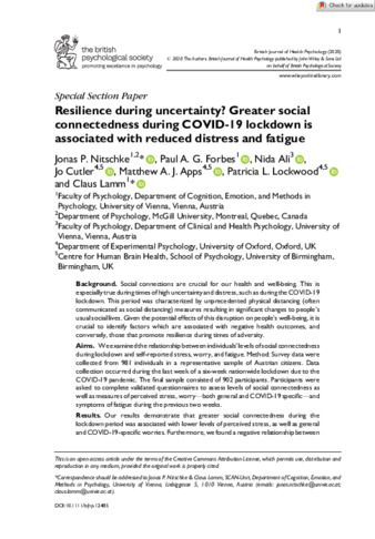 Resilience during uncertainty? Greater social connectedness during COVID‐19 lockdown is associated with reduced distress and fatigue thumbnail