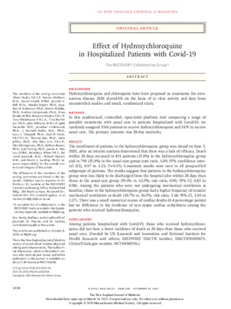 Effect of Hydroxychloroquine in Hospitalized Patients with Covid-19 thumbnail