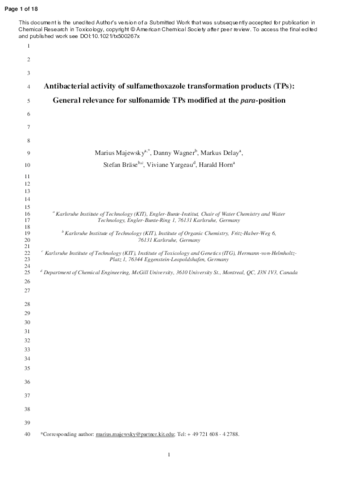 Antibacterial activity of sulfamethoxazole transformation products (TPs): general relevance for sulfonamide TPs modified at the para position thumbnail