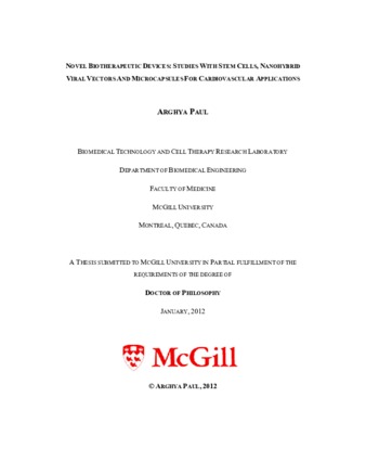 Novel biotherapeutic devices: studies with stem cells, nanohybrid viral vectors and microcapsules for cardiovascular applications thumbnail