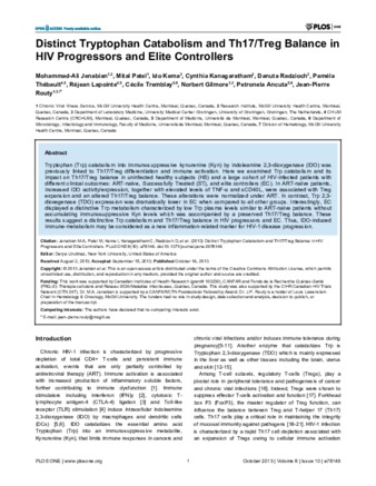 Distinct Tryptophan Catabolism and Th17/Treg Balance in HIV Progressors and Elite Controllers thumbnail
