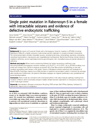 Single point mutation in Rabenosyn-5 in a female with intractable seizures and evidence of defective endocytotic trafficking thumbnail