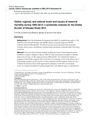 Global, regional, and national levels and causes of maternal mortality during 1990–2013: a systematic analysis for the Global Burden of Disease Study 2013 thumbnail