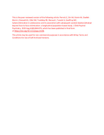 Cybervictimization in adolescence and its association with subsequent suicidal ideation/attempt beyond face-to-face victimization: a longitudinal population-based study thumbnail