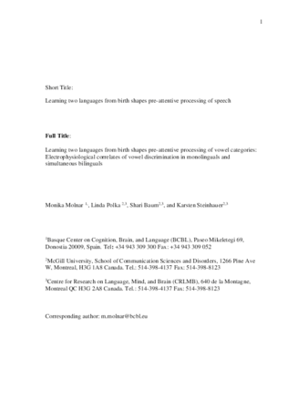 Learning two languages from birth shapes pre-attentive processing of vowel categories: Electrophysiological correlates of vowel discrimination in monolinguals and simultaneous bilinguals thumbnail