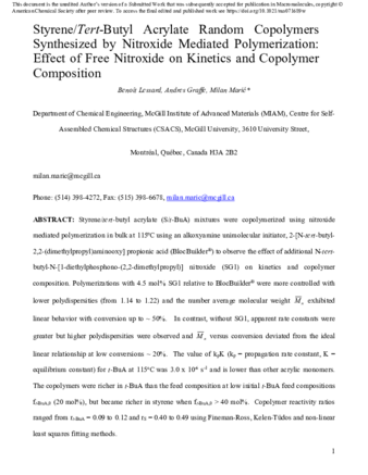 Styrene/Tert-Butyl Acrylate Random Copolymers Synthesized by Nitroxide Mediated Polymerization: Effect of Free Nitroxide on Kinetics and Copolymer Composition  thumbnail