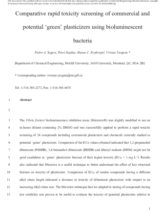 Comparative Rapid Toxicity Screening of Commercial and Potential Green Plasticizers Using Bioluminescent Bacteria thumbnail