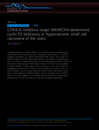 CDK4/6 inhibitors target SMARCA4-determined cyclin D1 deficiency in hypercalcemic small cell carcinoma of the ovary thumbnail