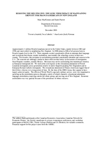 Resisting the melting pot: the long term impact of maintaining identity for Franco-Americans in New England thumbnail