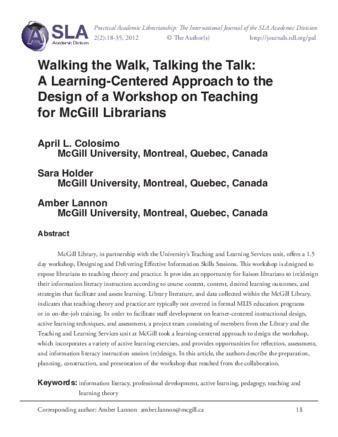 Walking the walk, talking the talk: a learning-centered approach to the design of a workshop on teaching for McGill librarians. thumbnail