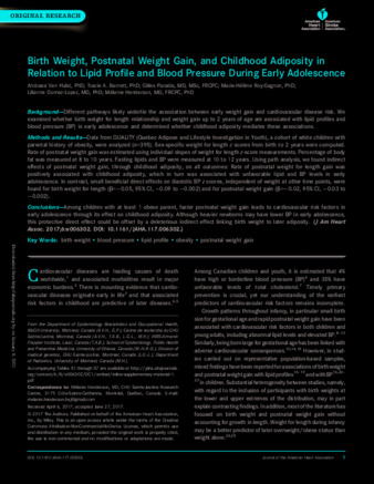 Birth Weight, Postnatal Weight Gain, and Childhood Adiposity in Relation to Lipid Profile and Blood Pressure During Early Adolescence thumbnail