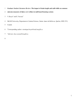 Graduate Student Literature Review: The impact of chain length and stall width on common outcome measures of dairy cow welfare in stall-based housing systems thumbnail
