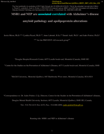 MSR1 and NEP Are Correlated with Alzheimer’s Disease Amyloid Pathology and Apolipoprotein Alterations thumbnail