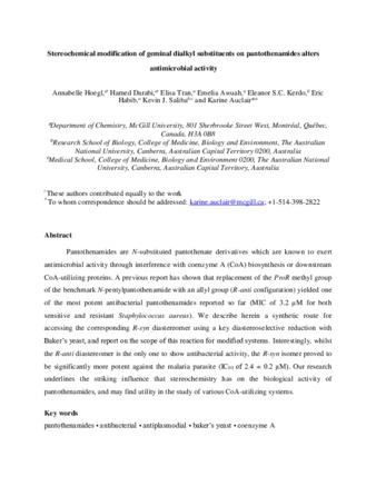 Stereochemical modification of geminal dialkyl substituents on pantothenamides alters antimicrobial activity thumbnail