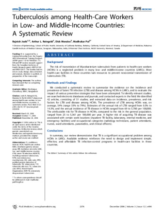Tuberculosis among Health-Care Workers in Low- and Middle-Income Countries: A Systematic Review thumbnail