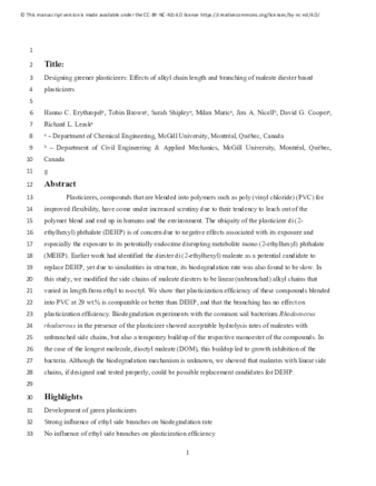 Designing greener plasticizers: Effects of alkyl chain length and branching of maleate diester based 3 plasticizers thumbnail