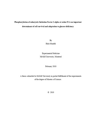 Phosphorylation of eukaryotic initiation factor 2-alpha at serine 51 is an important determinant of cell survival and adaptation to glucose deficiency thumbnail