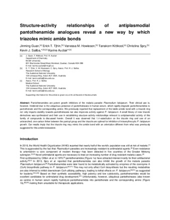 Structure-activity relationships of antiplasmodial pantothenamide analogs reveal a new way by which triazoles mimic amide bonds thumbnail