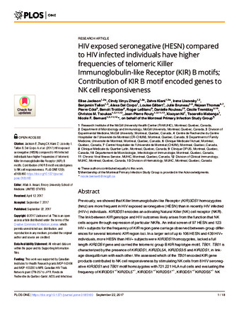 HIV exposed seronegative (HESN) compared to HIV infected individuals have higher frequencies of telomeric Killer Immunoglobulin-like Receptor (KIR) B motifs; Contribution of KIR B motif encoded genes to NK cell responsiveness thumbnail