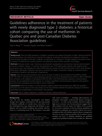 Guidelines adherence in the treatment of patients with newly diagnosed type 2 diabetes: a historical cohort comparing the use of metformin in Quebec pre and post-Canadian Diabetes Association guidelines thumbnail