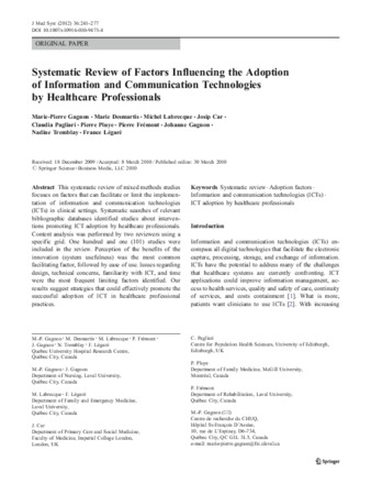 Systematic Review of Factors Influencing the Adoption of Information and Communication Technologies by Healthcare Professionals thumbnail