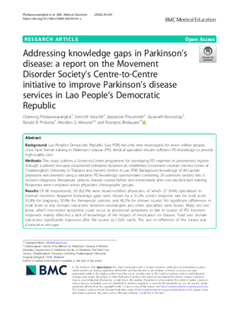 Addressing knowledge gaps in Parkinson's disease: a report on the Movement Disorder Society's Centre-to-Centre initiative to improve Parkinson's disease services in Lao People's Democratic Republic thumbnail