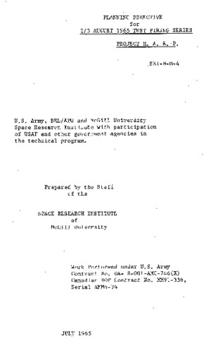 Planning directive for 2/3 August 1965 test firing series Project HARP thumbnail