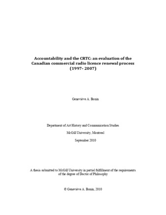 Accountability and the CRTC: an evaluation of the Canadian commercial radio licence renewal process (1997-2007) thumbnail