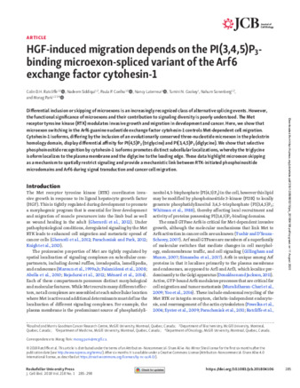 HGF-induced migration depends on the PI(3,4,5)P3-binding microexon-spliced variant of the Arf6 exchange factor cytohesin-1 thumbnail