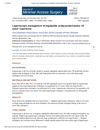 Laparoscopic management of impalpable undescended testes: 20 years’ experience thumbnail