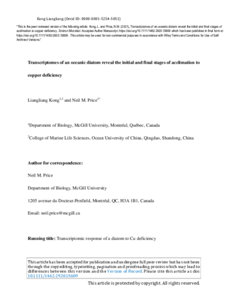 Transcriptomes of an oceanic diatom reveal the initial and final stages of acclimation to copper deficiency thumbnail