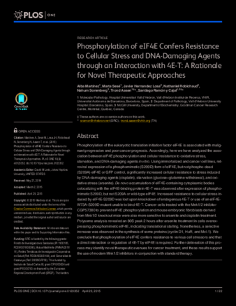 Phosphorylation of eIF4E Confers Resistance to Cellular Stress and DNA-Damaging Agents through an Interaction with 4E-T: A Rationale for Novel Therapeutic Approaches thumbnail