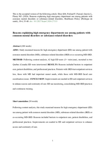 Reasons for High Emergency Department Use Among Patients With Common Mental Disorders or Substance-Related Disorders thumbnail