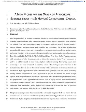 A new model for the origin of pyrochlore: Evidence from the St Honoré Carbonatite, Canada thumbnail