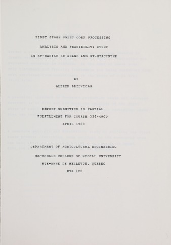 First Stage Sweet Corn Processing Analysis and Fesibility Study in St-Basile le Grand and St-Hyacinthe thumbnail