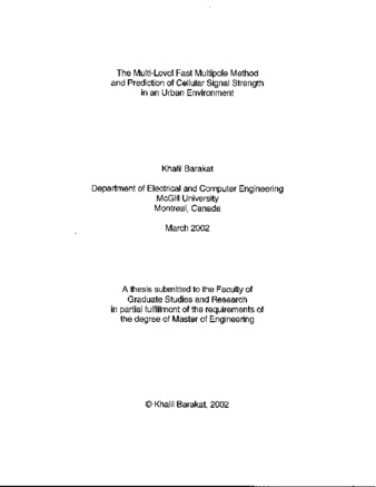 The multi-level fast multipole method and prediction of cellular signal strength in an urban environment / thumbnail