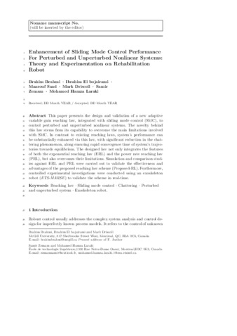 Enhancement of Sliding Mode Control Performance for Perturbed and Unperturbed Nonlinear Systems: Theory and Experimentation on Rehabilitation Robot thumbnail